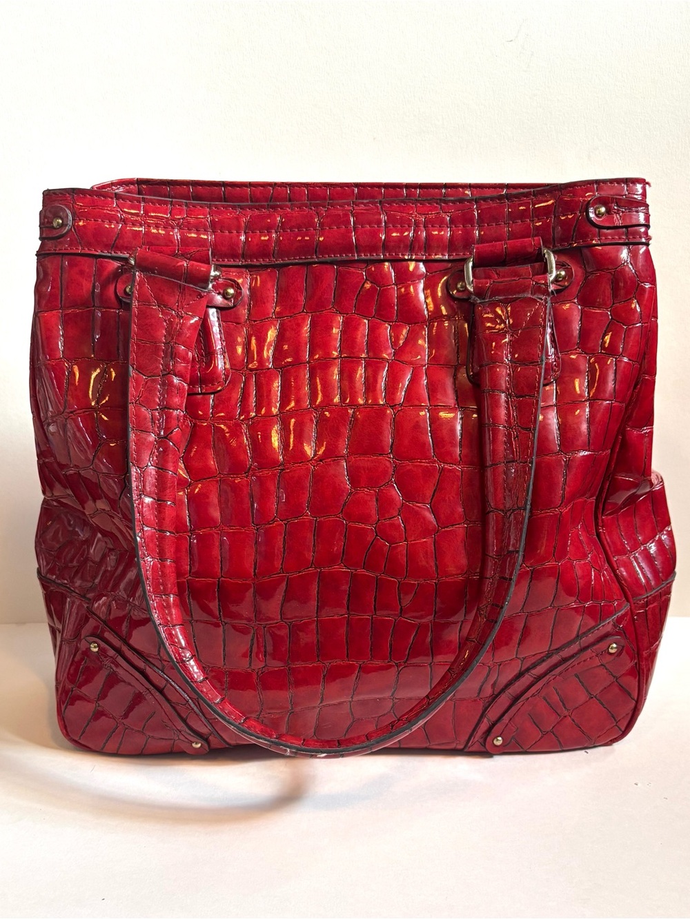 Red Patent Liz Claiborne Large Croc-Embossed Tote Bag